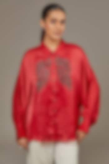Red Satin Georgette Pearl Embellished Shirt by Namrata Joshipura