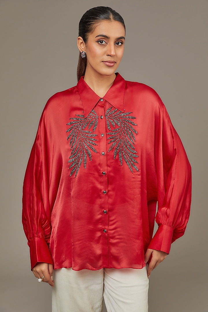 Red Satin Georgette Pearl Embellished Shirt by Namrata Joshipura at Pernia's Pop Up Shop