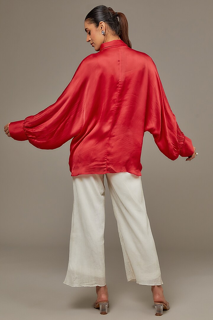 Red Satin Georgette Pearl Embellished Shirt by Namrata Joshipura at Pernia's Pop Up Shop