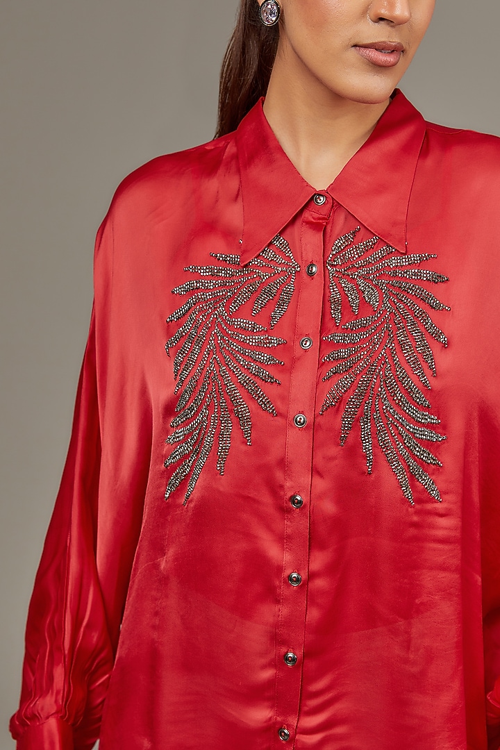 Red Satin Georgette Pearl Embellished Shirt by Namrata Joshipura at Pernia's Pop Up Shop
