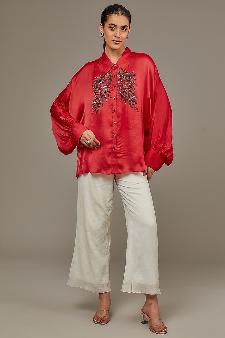 Red Satin Georgette Pearl Embellished Shirt by Namrata Joshipura at Pernia's Pop Up Shop
