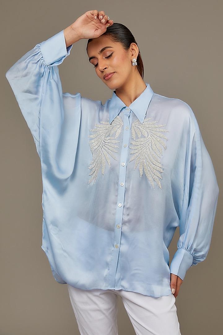 Powder Blue Satin Georgette Pearl Embellished Shirt by Namrata Joshipura