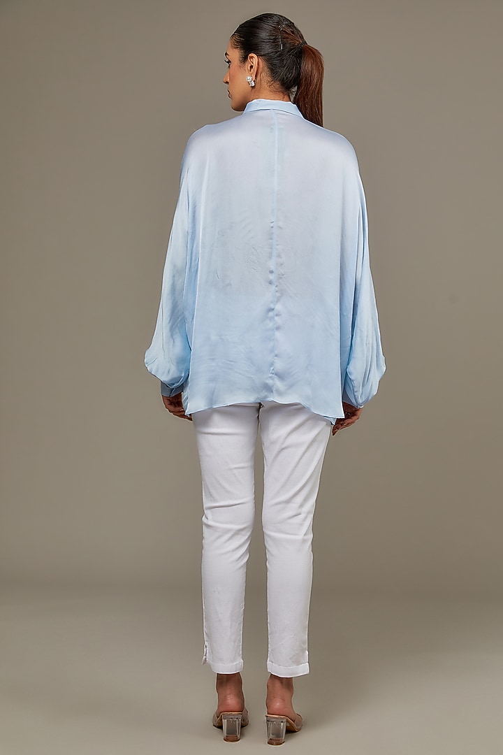 Powder Blue Satin Georgette Pearl Embellished Shirt by Namrata Joshipura at Pernia's Pop Up Shop