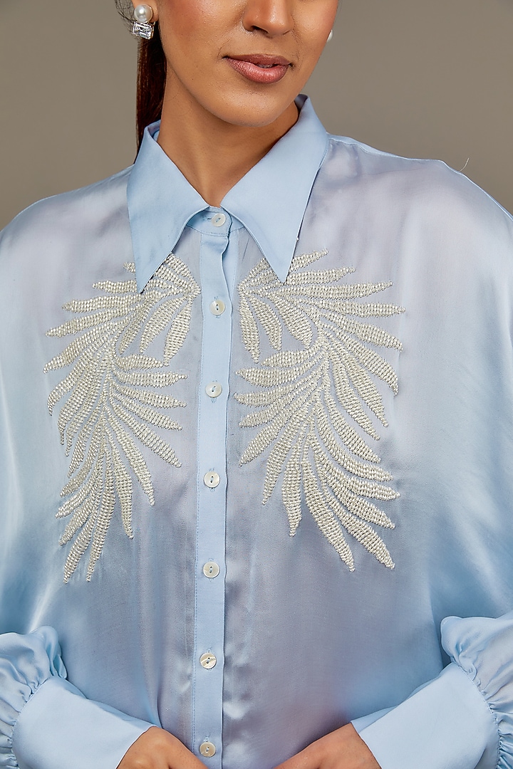 Powder Blue Satin Georgette Pearl Embellished Shirt by Namrata Joshipura at Pernia's Pop Up Shop