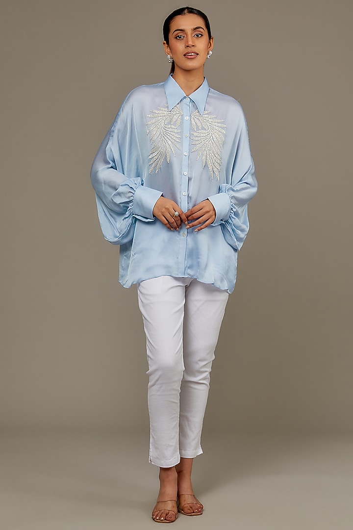 Powder Blue Satin Georgette Pearl Embellished Shirt by Namrata Joshipura at Pernia's Pop Up Shop