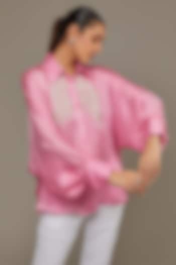 Blush Pink Satin Georgette Pearl Embellished Shirt by Namrata Joshipura at Pernia's Pop Up Shop