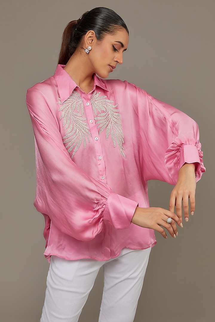 Blush Pink Satin Georgette Pearl Embellished Shirt by Namrata Joshipura at Pernia's Pop Up Shop