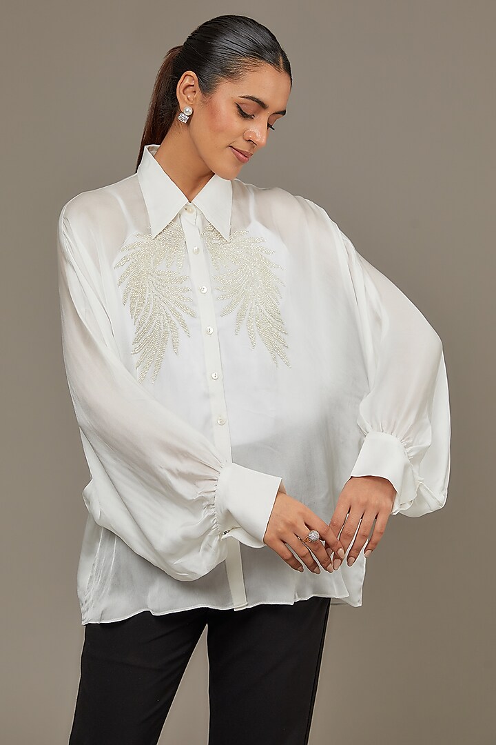 Ivory Satin Georgette Pearl Embellished Shirt by Namrata Joshipura
