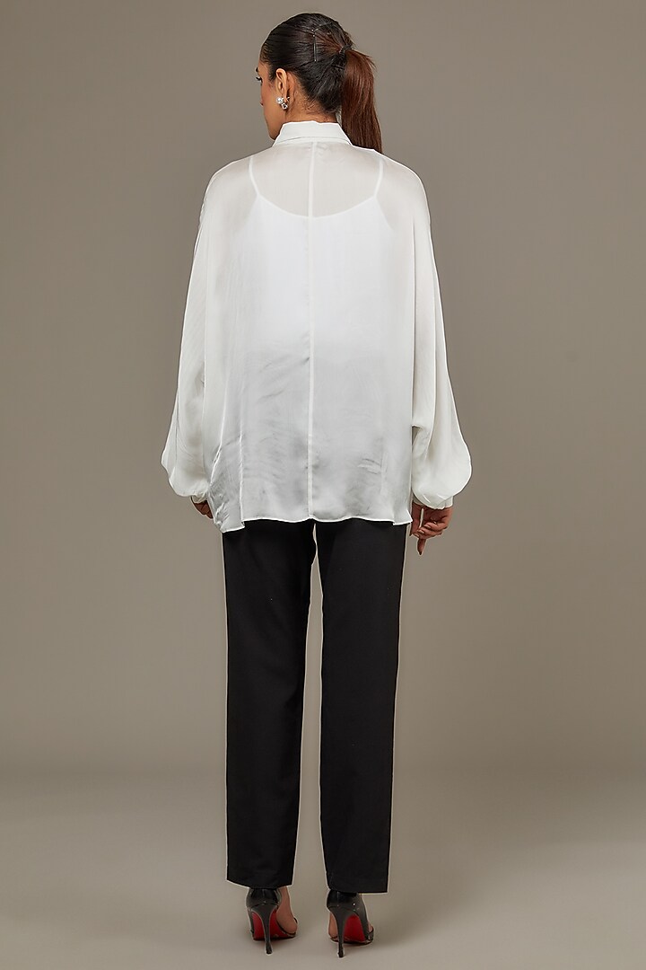 Ivory Satin Georgette Pearl Embellished Shirt by Namrata Joshipura at Pernia's Pop Up Shop