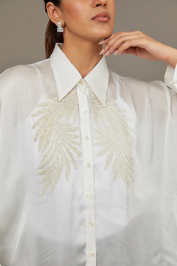 Ivory Satin Georgette Pearl Embellished Shirt by Namrata Joshipura at Pernia's Pop Up Shop