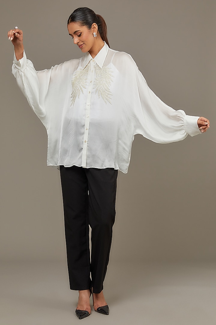 Ivory Satin Georgette Pearl Embellished Shirt by Namrata Joshipura at Pernia's Pop Up Shop