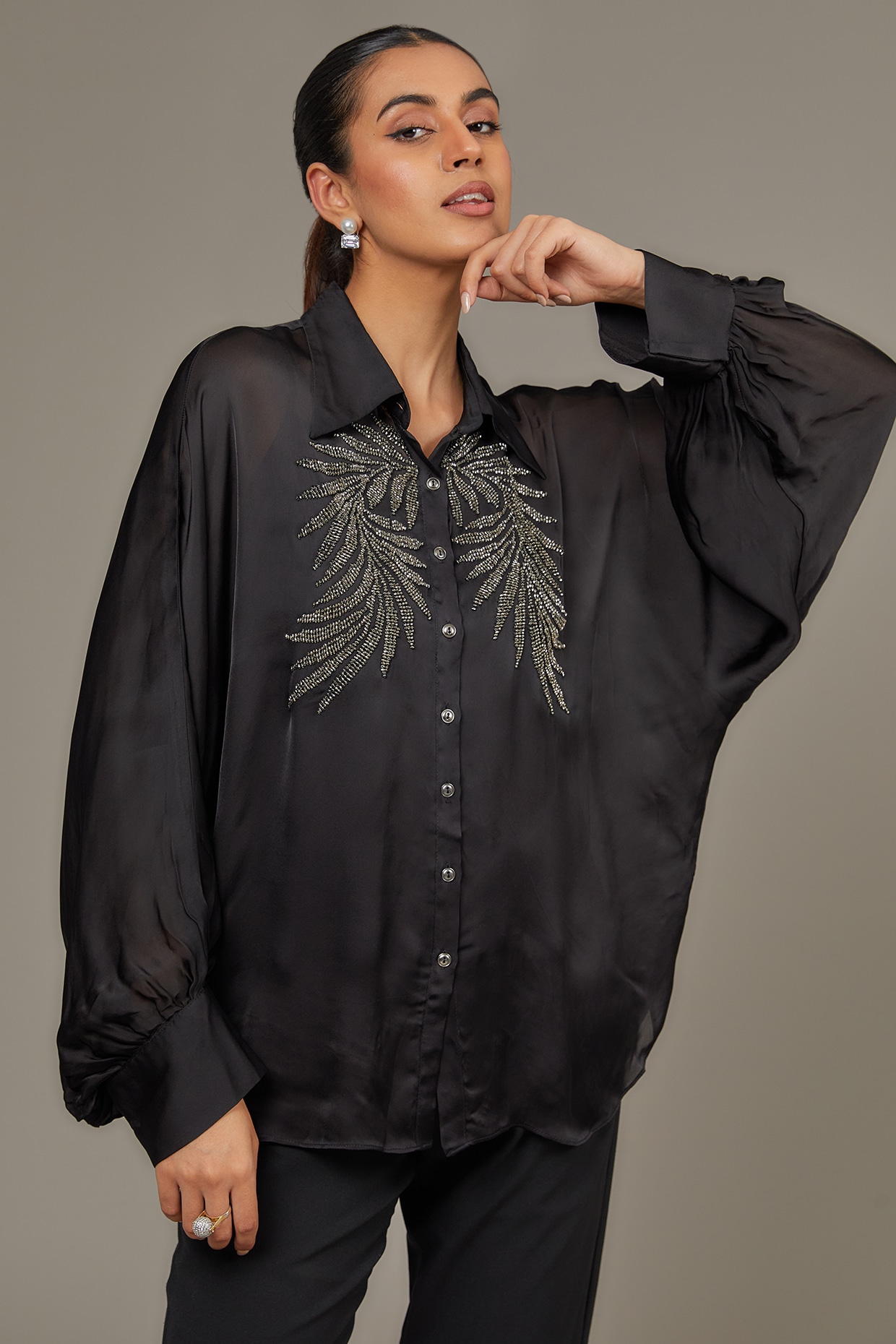 トップス 80s Plantation deformation silk shirt Black Satin Georgette Pearl Embellished Shirt by Namrata Joshipura