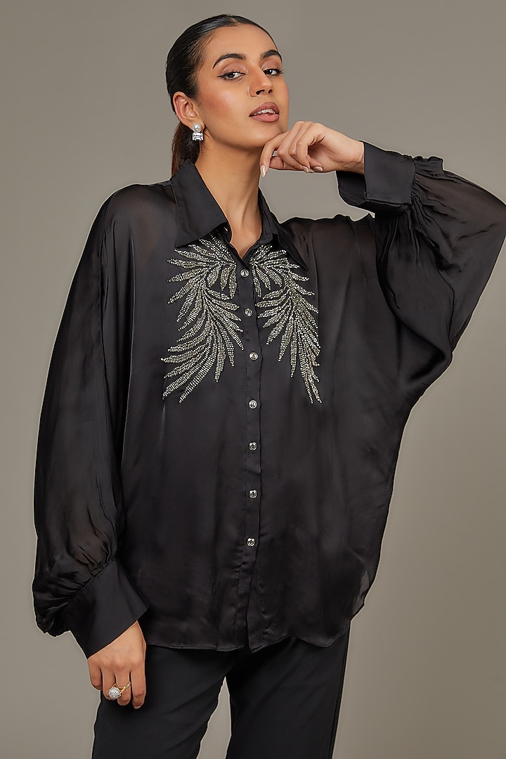 Black Satin Georgette Pearl Embellished Shirt by Namrata Joshipura at Pernia's Pop Up Shop