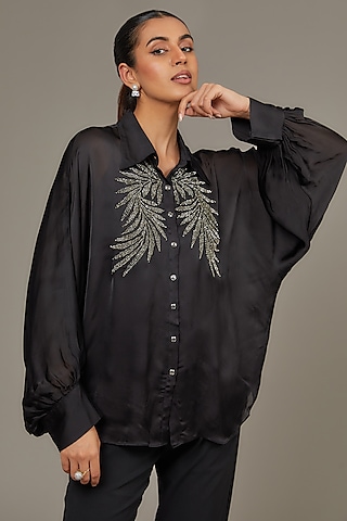 Black Satin Georgette Pearl Embellished Shirt by Namrata Joshipura