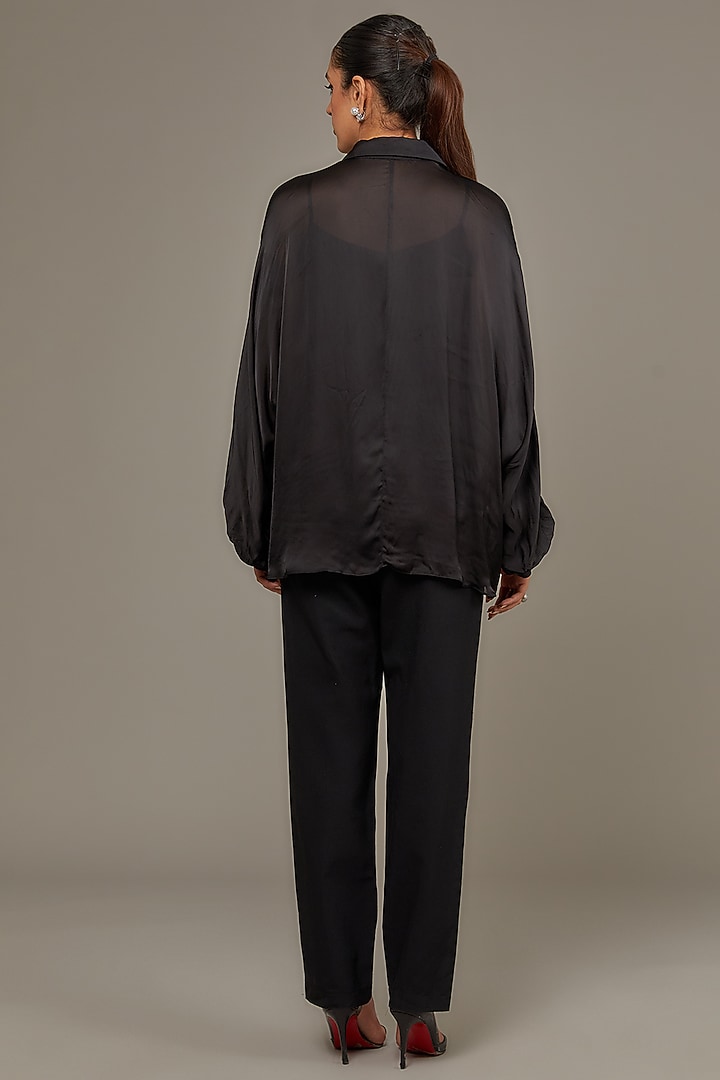 Black Satin Georgette Pearl Embellished Shirt by Namrata Joshipura at Pernia's Pop Up Shop