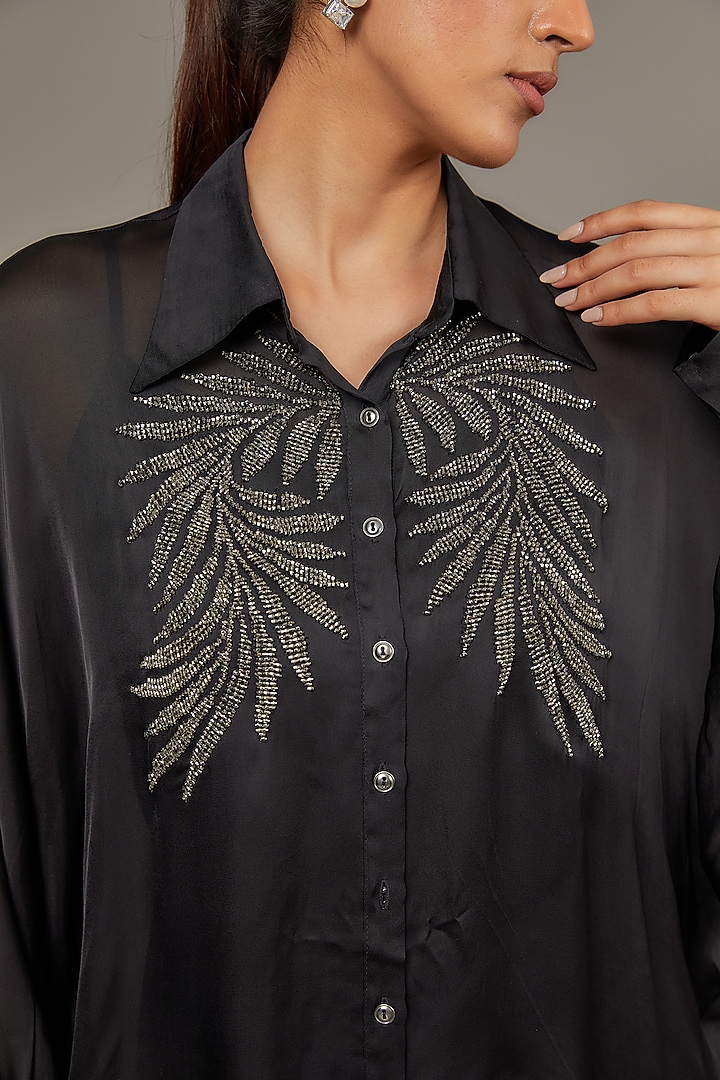 Black Satin Georgette Pearl Embellished Shirt by Namrata Joshipura at Pernia's Pop Up Shop