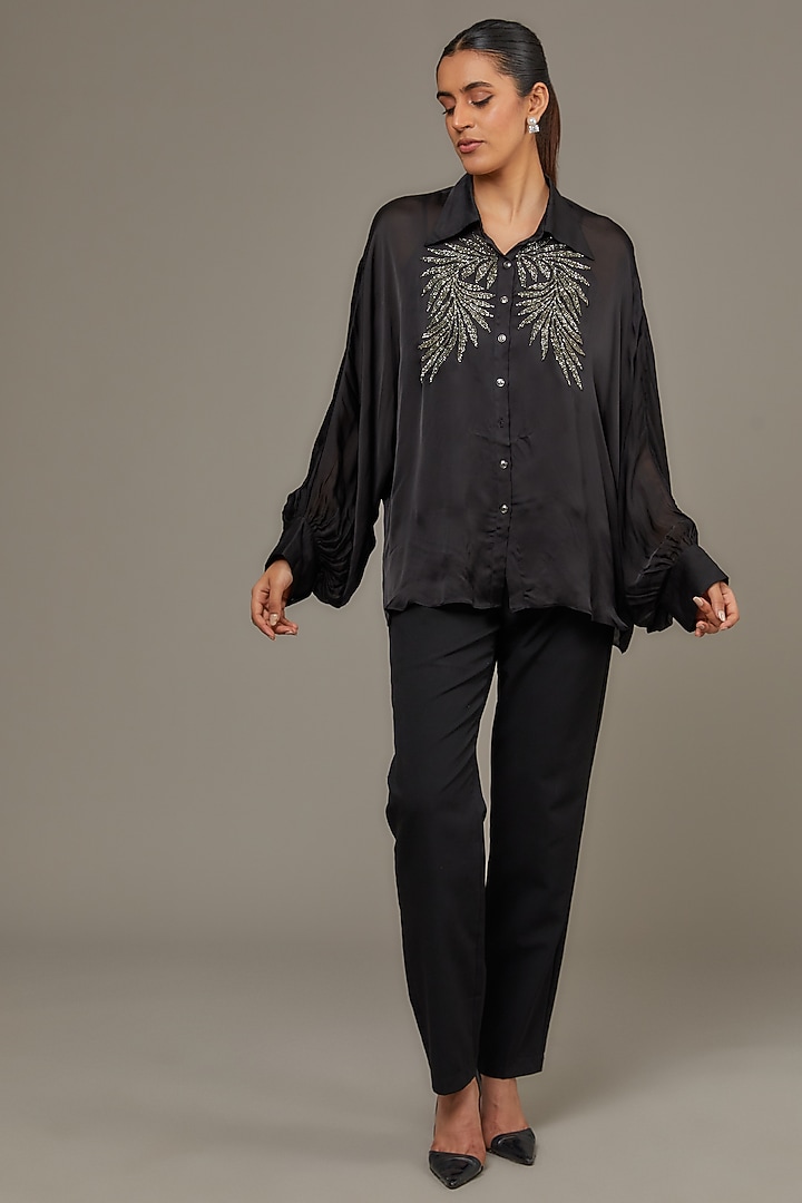 Black Satin Georgette Pearl Embellished Shirt by Namrata Joshipura at Pernia's Pop Up Shop