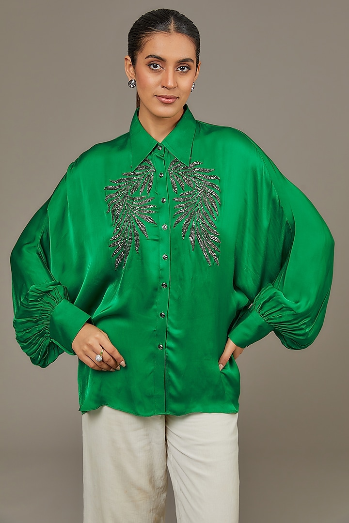 Green Satin Georgette Pearl Embellished Shirt by Namrata Joshipura