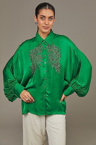 Green Satin Georgette Pearl Embellished Shirt by Namrata Joshipura