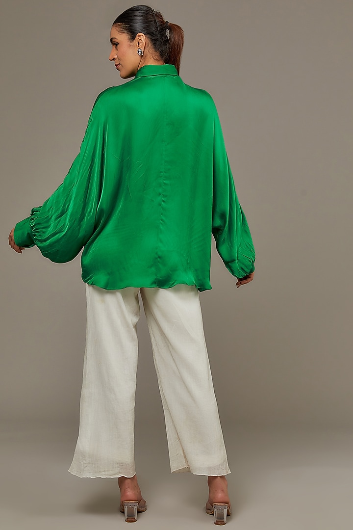 Green Satin Georgette Pearl Embellished Shirt by Namrata Joshipura at Pernia's Pop Up Shop