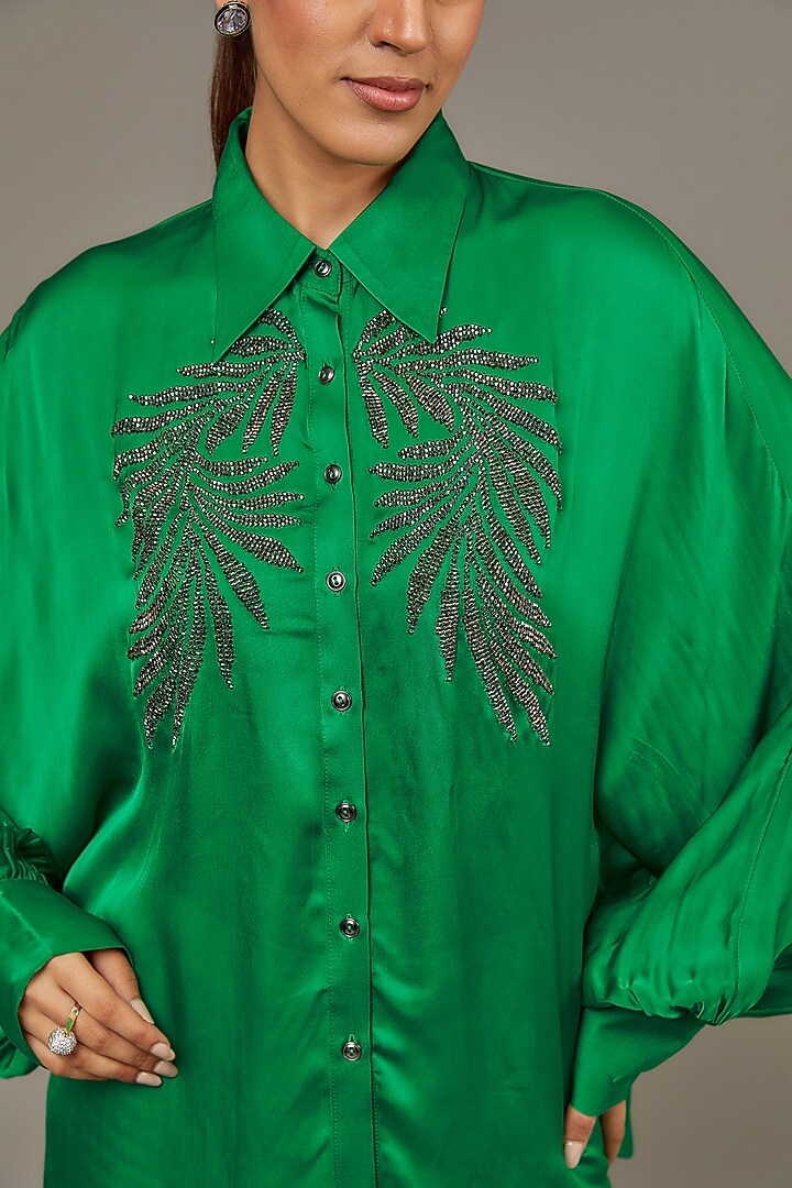 Green Satin Georgette Pearl Embellished Shirt by Namrata Joshipura at Pernia's Pop Up Shop