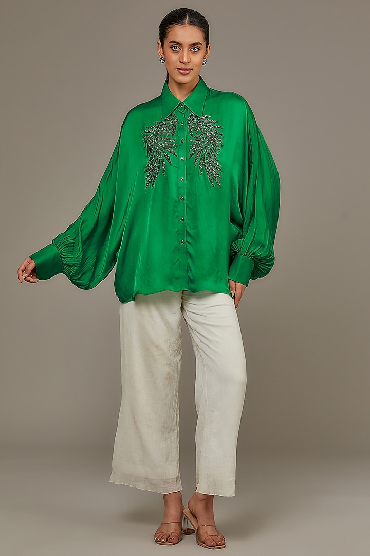 Green Satin Georgette Pearl Embellished Shirt by Namrata Joshipura at Pernia's Pop Up Shop