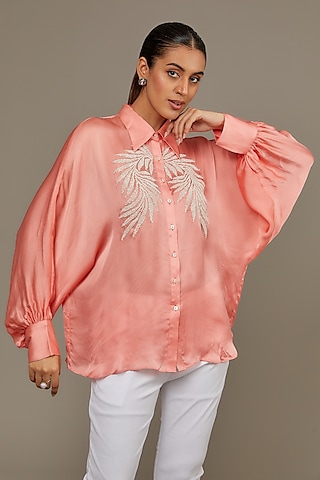 Peach Satin Georgette Pearl Embellished Shirt by Namrata Joshipura