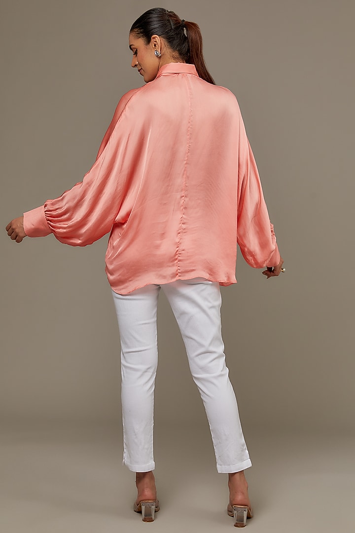 Peach Satin Georgette Pearl Embellished Shirt by Namrata Joshipura at Pernia's Pop Up Shop