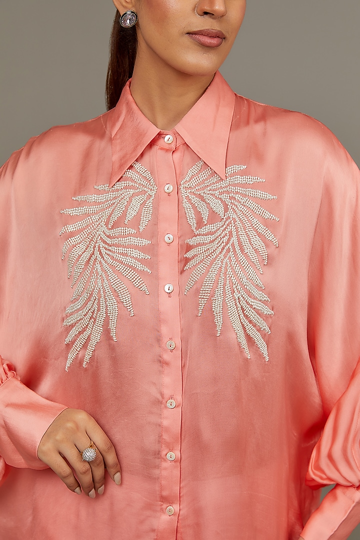 Peach Satin Georgette Pearl Embellished Shirt by Namrata Joshipura at Pernia's Pop Up Shop