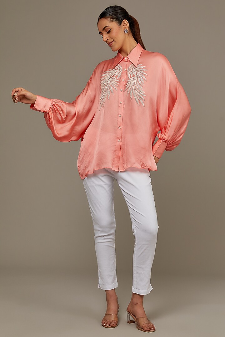 Peach Satin Georgette Pearl Embellished Shirt by Namrata Joshipura at Pernia's Pop Up Shop