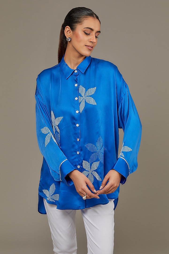 Blue Cupro Satin Shirt by Namrata Joshipura