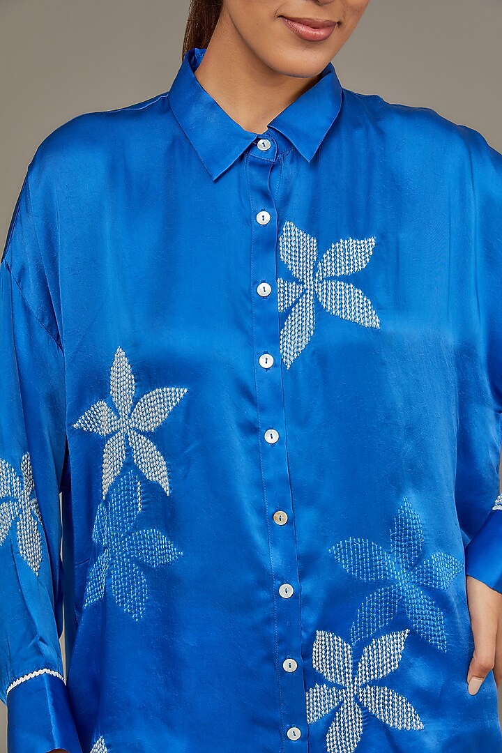 Blue Cupro Satin Shirt by Namrata Joshipura at Pernia's Pop Up Shop