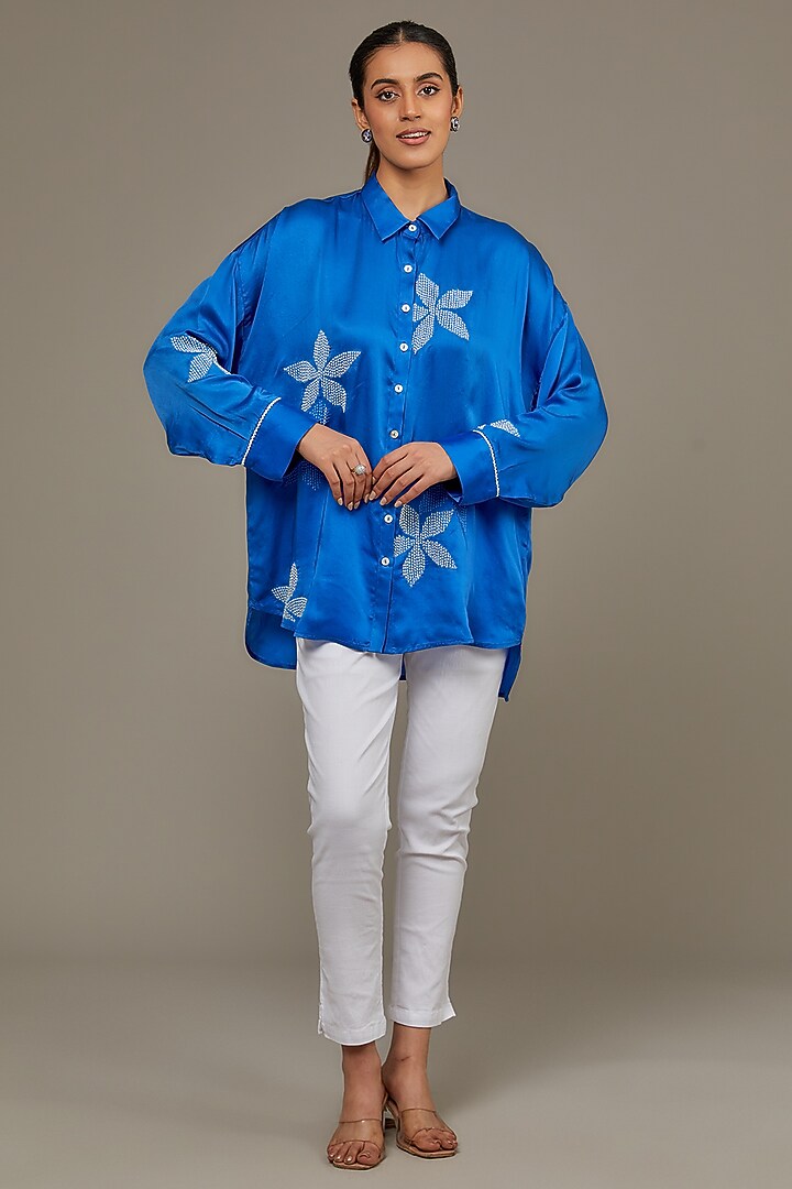 Blue Cupro Satin Shirt by Namrata Joshipura at Pernia's Pop Up Shop