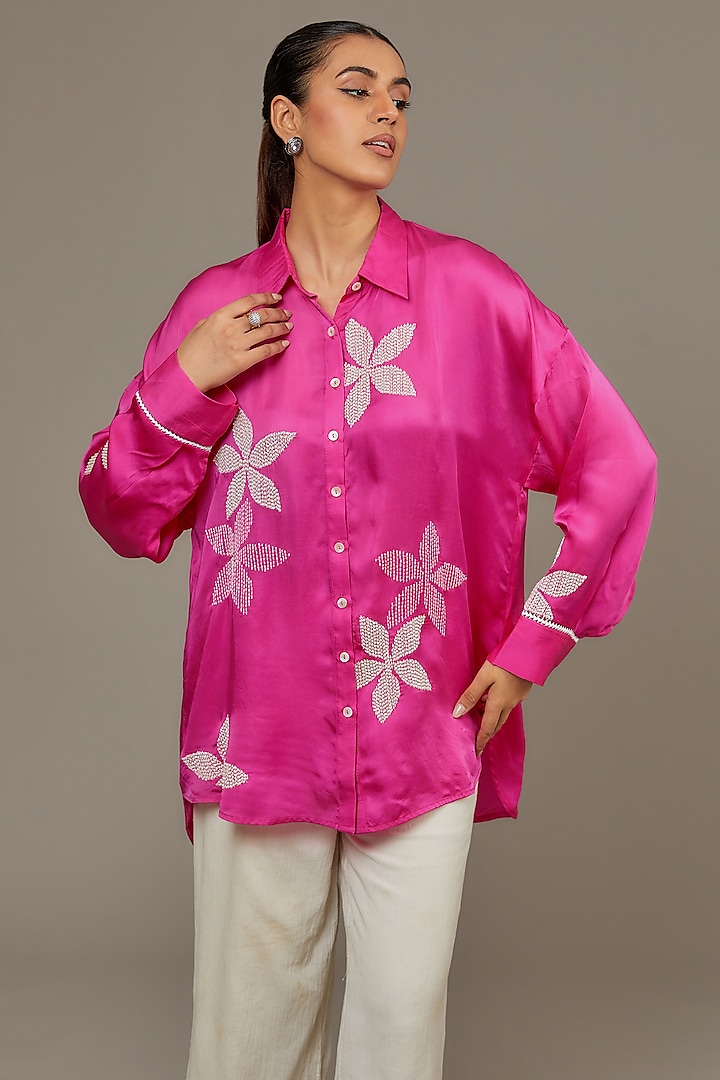 Fuchsia Pink Cupro Satin Shirt by Namrata Joshipura
