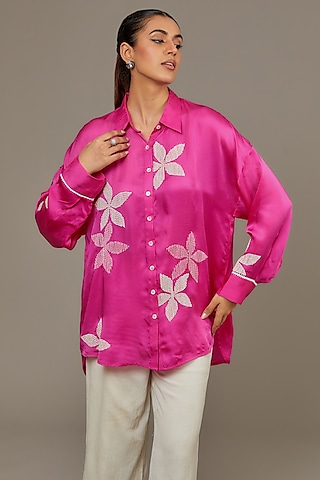 Fuchsia Pink Cupro Satin Shirt by Namrata Joshipura