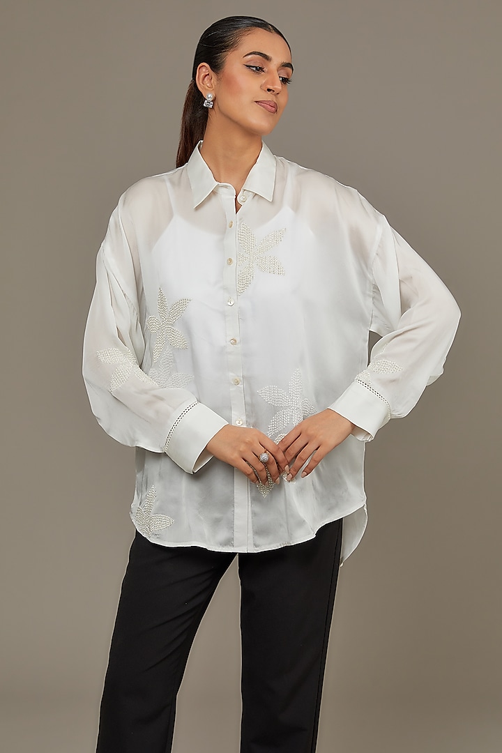 Ivory Cupro Satin Shirt by Namrata Joshipura at Pernia's Pop Up Shop