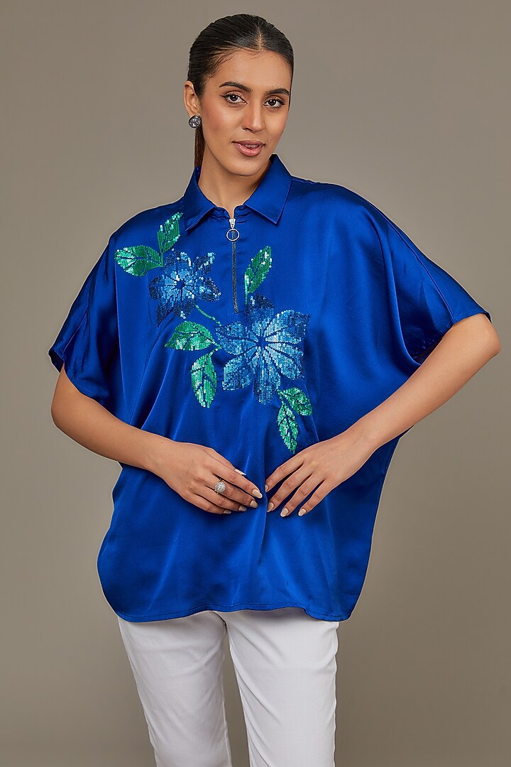 Electric Blue Satin Top by Namrata Joshipura at Pernia's Pop Up Shop
