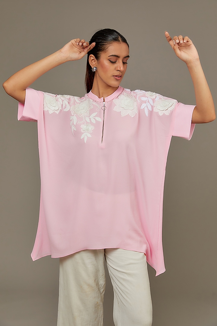 Onion Pink Bubble Georgette Top by Namrata Joshipura