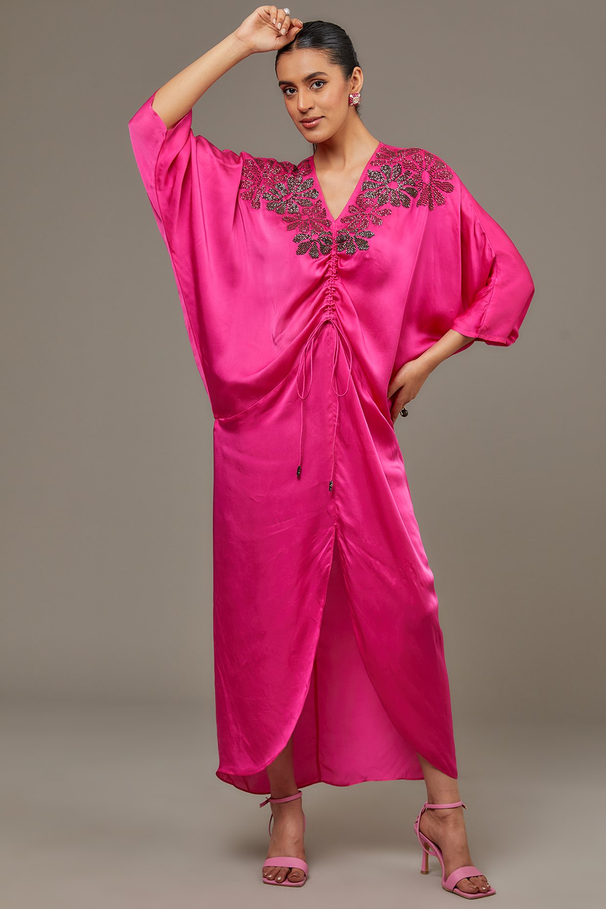 Fuchsia Cupro Satin Kaftan by Namrata Joshipura