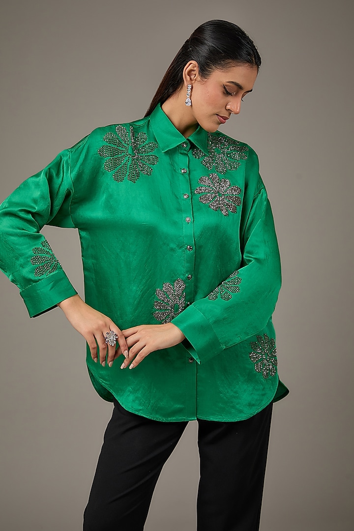 Green Cupro Satin Shirt by Namrata Joshipura at Pernia's Pop Up Shop