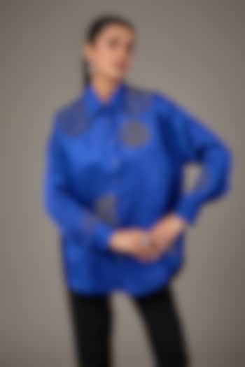 Blue Cupro Satin Shirt by Namrata Joshipura at Pernia's Pop Up Shop
