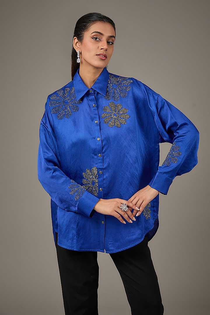 Blue Cupro Satin Shirt by Namrata Joshipura