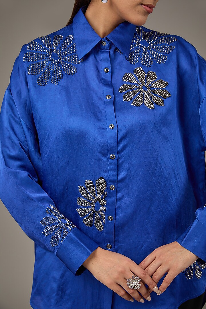 Blue Cupro Satin Shirt by Namrata Joshipura at Pernia's Pop Up Shop