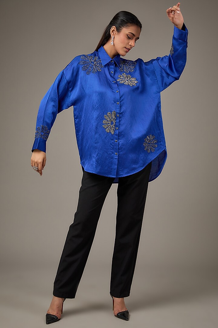 Blue Cupro Satin Shirt by Namrata Joshipura at Pernia's Pop Up Shop