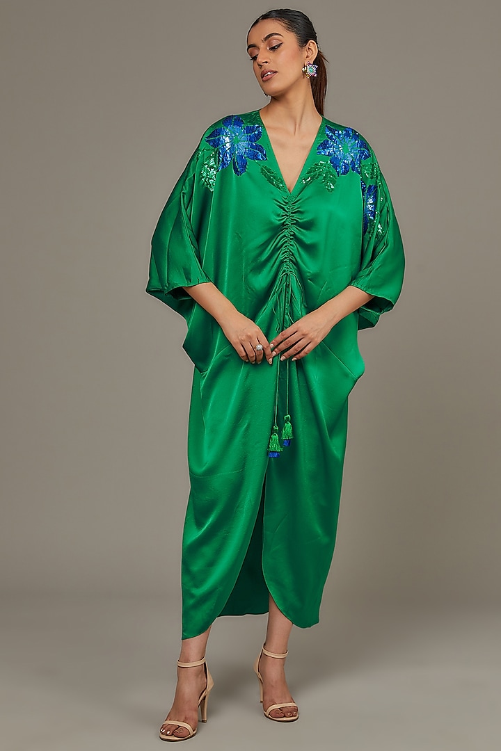 Green Satin Kaftan by Namrata Joshipura