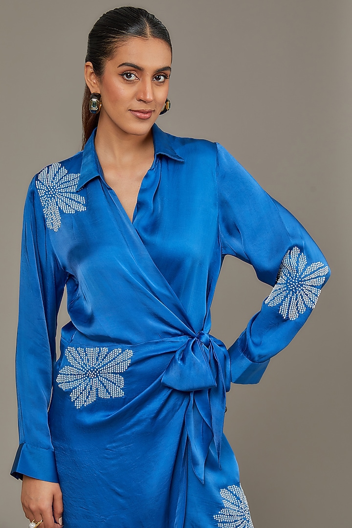Blue Cupro Satin Mini Cocktail Dress by Namrata Joshipura at Pernia's Pop Up Shop