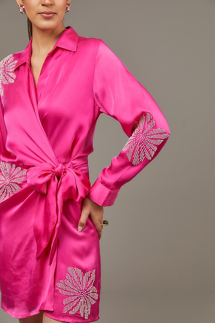 Fuchsia Cupro Satin Mini Cocktail Dress by Namrata Joshipura at Pernia's Pop Up Shop