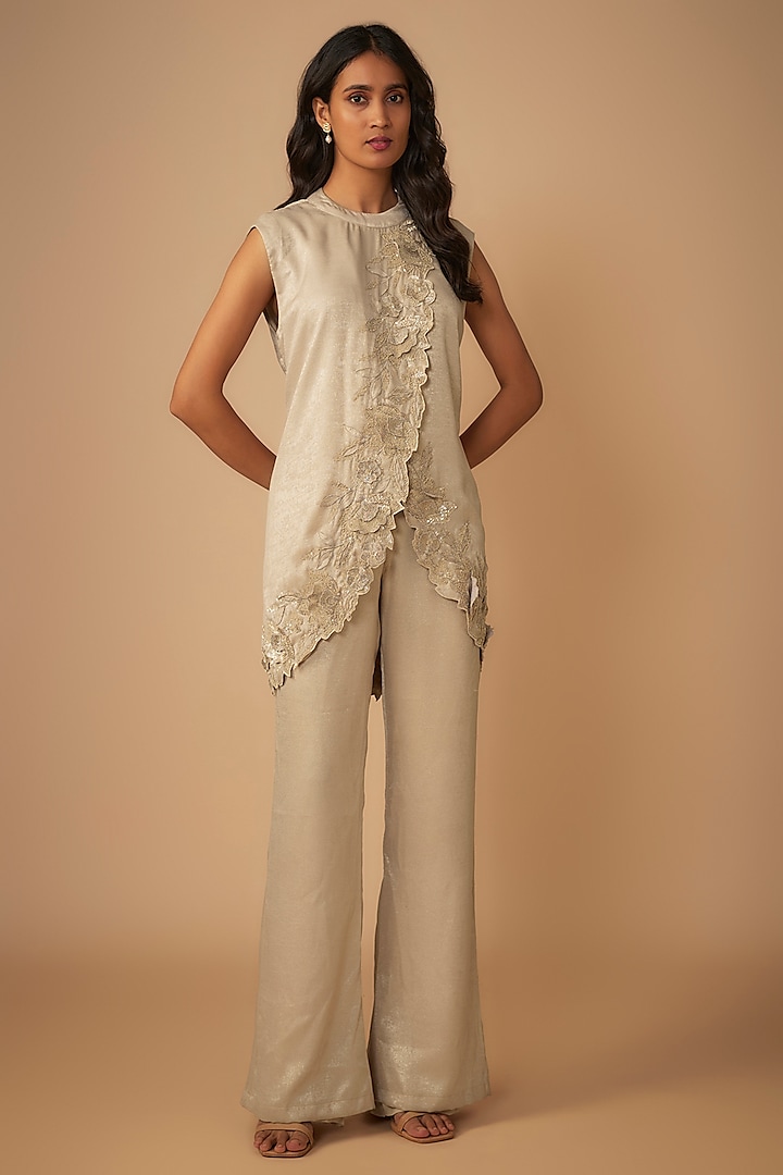 Beige Satin Co-Ord Set by Namrata Joshipura at Pernia's Pop Up Shop