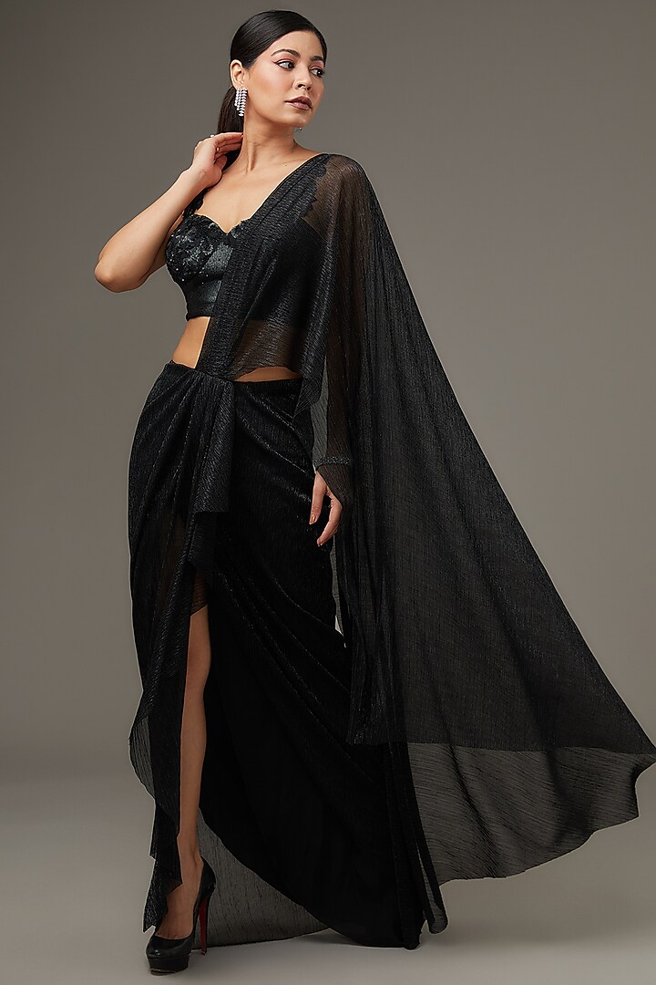 Black & Silver Shimmer Crepe Pre-Stitched Saree Set by Namrata Joshipura at Pernia's Pop Up Shop