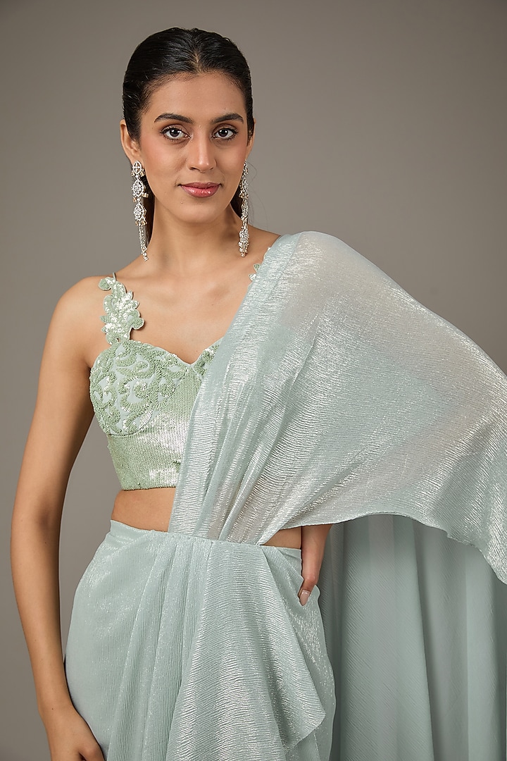 Ice Blue Shimmer Chiffon Pre-Stitched Wedding Saree Set by Namrata Joshipura at Pernia's Pop Up Shop